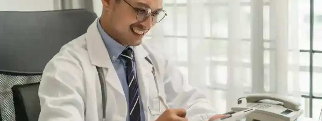 médico-sentado-em-sua-mesa-analisando-documentos-e-papeis